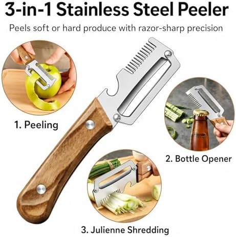 3-in-1 Vegetable Peeler, Julienne Shredder, Classic Dark Wood