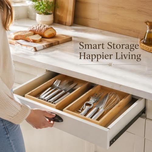 3 Pcs 15x6 Inch Bamboo Drawer Organizer Stackable Utensil Tray For