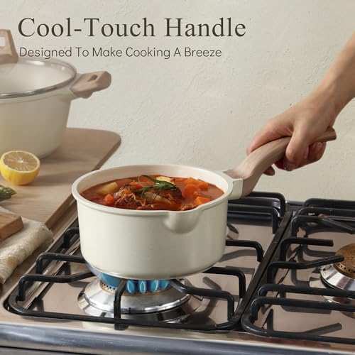 CAROTE Nonstick 1.5Qt & 3.0Qt Sauce Pan Sets with Lid, White