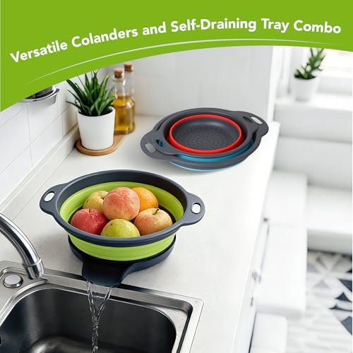 Collapsible Colander Set of 3 with Kitchen Counter Self-draining Base