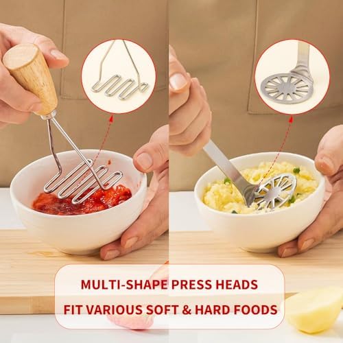 Small Potato Masher,Stainless Steel Tool Ergonomic Non‐Slip Wooden