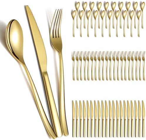 Berglander Gold Wedding Silverware Set 60pcs Service for 20, Titanium
