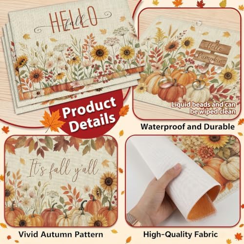 Fall Wildflower Placemats Set of 6, Autumn Place Mats 16x11in