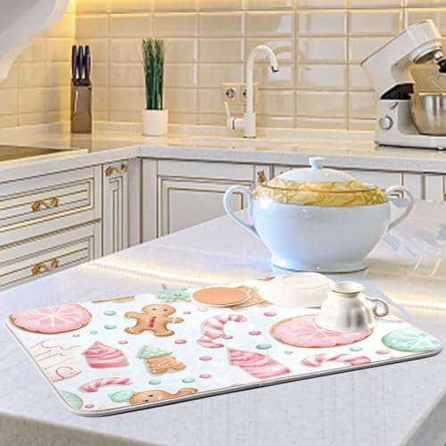 Emelivor Pink Green Christmas Gingerbread Dish Drying Mat for Kitchen