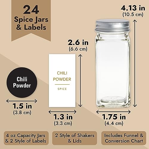 Talented Kitchen 24-Pack Glass Spice Jars - 4 Oz Square Bottles & Gold