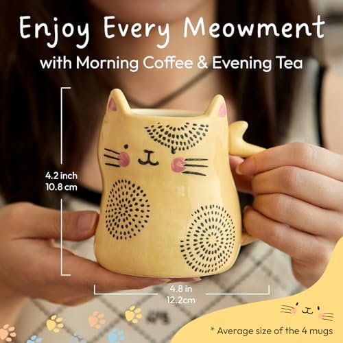 Bico Cat Coffee Mugs Set of 4, Cute Cat Ceramic Mugs with 3D Ears