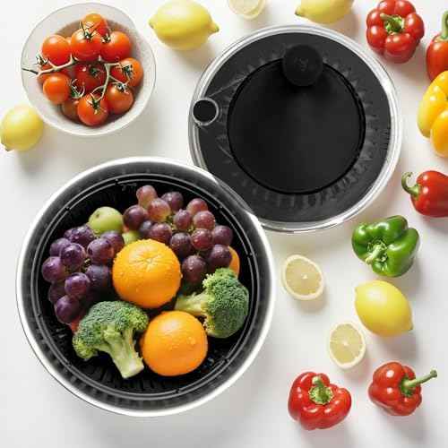 5.3Qt Stainless Steel Salad Spinner,Drain, Stop Button,Quick Dry Black