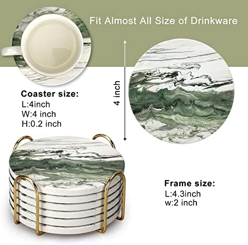 6 Pcs Green Ceramic Coasters with Holder Drink Modern Absorbent