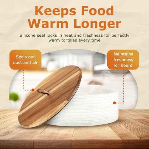 JUMBO Ceramic Tortilla Warmer with Acacia Wood Lid - 8.8" Extra Large