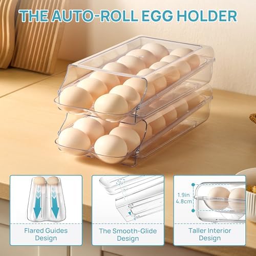 Vtopmart 2 Pack Egg Holder for Fridge, Automatic Rolling