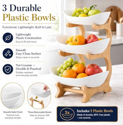 3-Tier Fruit Bowl Basket for Kitchen Countertop, Plastic Tiered Fruit