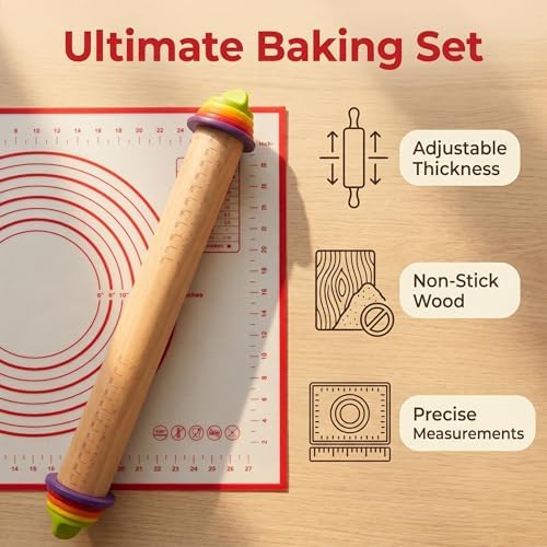 Adjustable Rolling Pin with Thickness Rings & Silicone Baking Mat