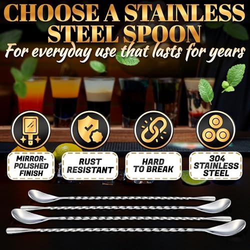 4 Pcs Bar Spoon Set, 12" Long, 18/8 Stainless Steel Cocktail Stirrers