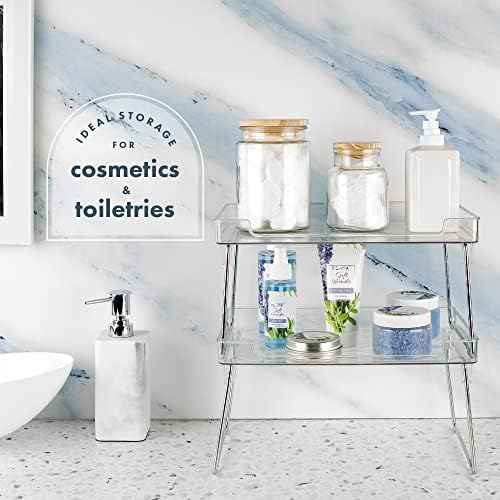 Masirs Clear Stackable Shelf, Easily Organize Your Kitchen Counter and Cabinet Shelves While Creating Extra Storage Space with This Foldable Translucent Plastic Shelf, (2-Pack)