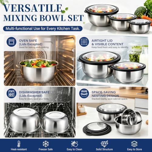 P&P CHEF Mixing Bowls with Lids Set of 3, Black Stainless Steel Salad Bowl