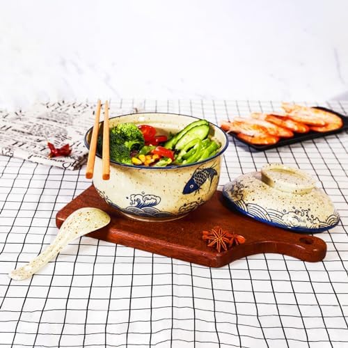 Ceramic Ramen Bowl Set, 800ml, with Lid, Spoon and Chopsticks