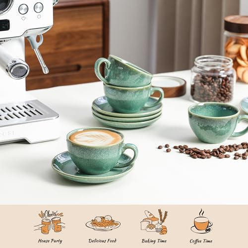 Henten Home Ceramic Latte Cups with Saucers, Coffee Cup Set of 4