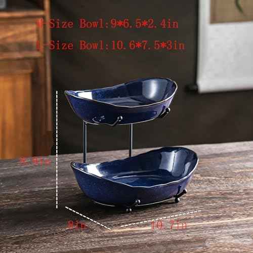 2-Tier Fruit Bowls for Kitchen Counter,Dark Blue Ceramic Bowl with Black Metal Stand,2 Tier Fruit Basket for Fruit,Snack,Cake,Nuts,Dessert Storage