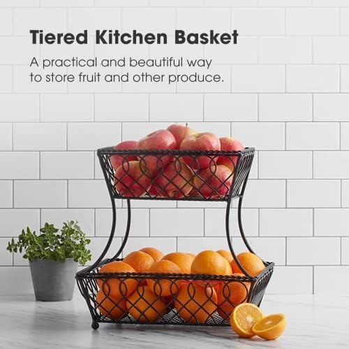Gourmet Basics by Mikasa Loop and Lattice 2-Tier Rectangular Metal Countertop Basket, 14.25 x 12 Inches, Antique Black Finish, Kitchen Fruit and Bread Storage Organizer