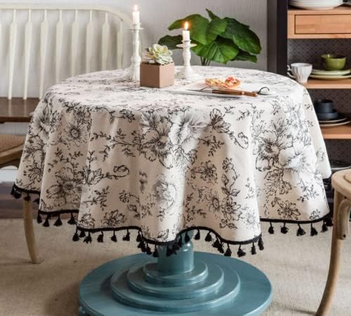 F-CHU Floral Round Tablecloth 60 Inch Cotton Linen Table Cloth with