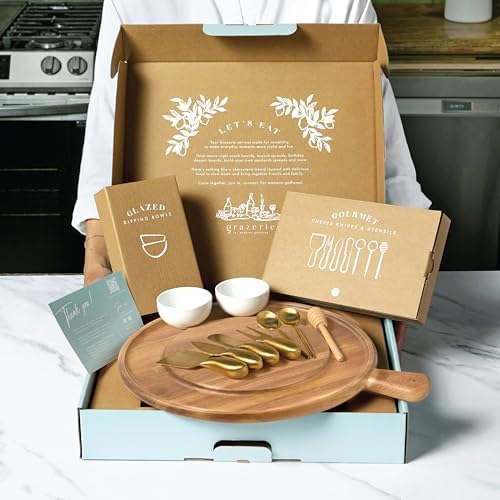 Charcuterie Board Set - Round Acacia Cheese Board for Serving with Accessories - House Warming Gifts for New Home, Bridal Shower & Wedding Gift, Birthday Gifts for Women