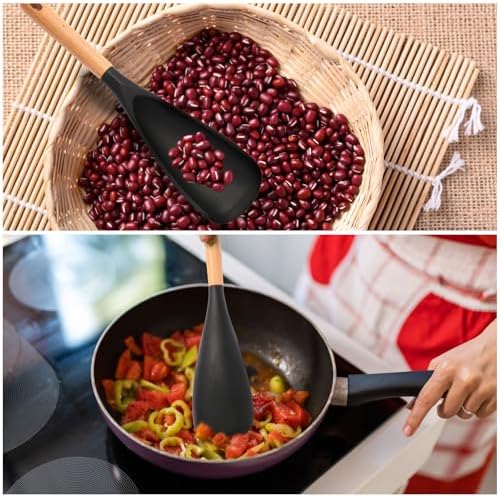 【2 Pack】Silicone Cooking Spoon for Nonstick Cookware - Wooden Handle