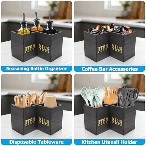 RedCall Kitchen Utensils Holder,Extra Large 3 Compartments Corner Utensil Caddy for Countertop,Wooden Farmhouse Utensil Organizer
