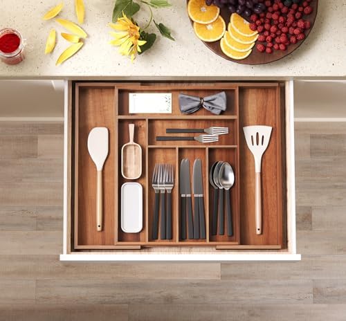 Fibogollo Expandable Kitchen Drawer Organizer,Acacia Wood Silverware