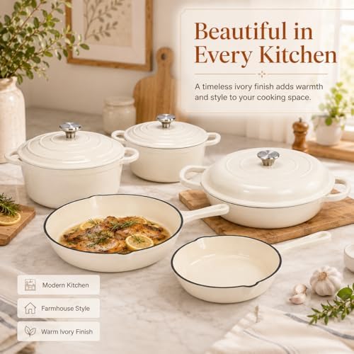 Hisencn Enameled Cast Iron Cookware Set, 8 Piece of Casserole, Dutch Ovens, Skillet and 3 Lids, Ceramic Coated Cast Iron Dutch Oven Set, Gas/Induction Compatible, PFA Free, with Pan Rack