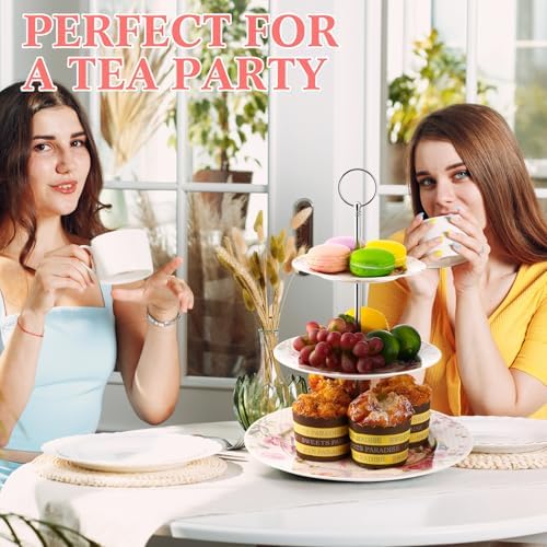 Dandat 4 Pcs 3 Tier Cake Stand Floral Ceramic Afternoon Serving Tray