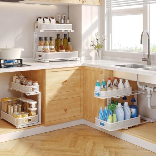 2 Pack Under Sink Organizer With Smooth Cylindrical Rail,2-Tier Pull
