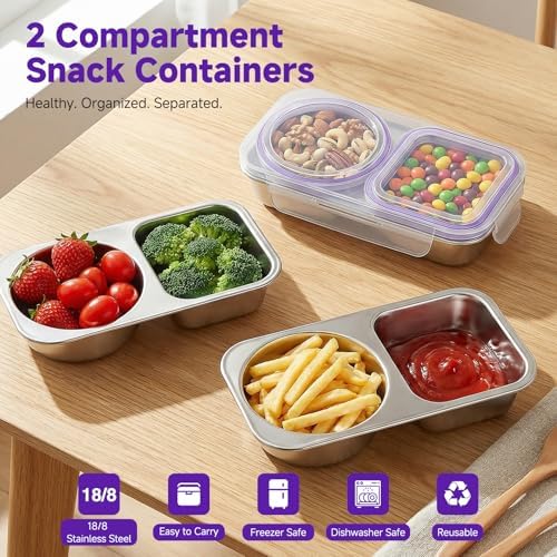 Stainless Steel Snack Containers with Lid, Reusable 2 Compartment