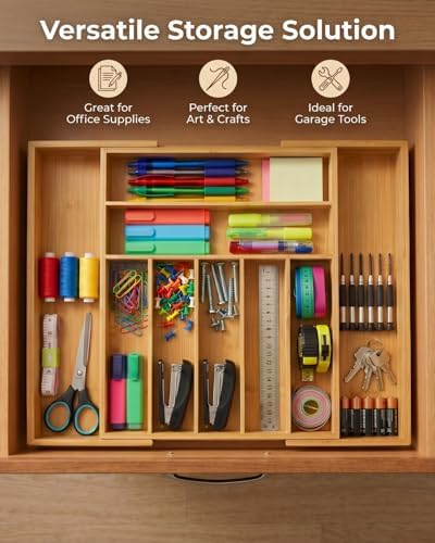 Expandable Bamboo Silverware Drawer Organizer – Adjustable 21" Wide