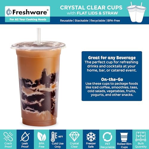 Freshware Clear Plastic Cups with Flat Lids and Straws