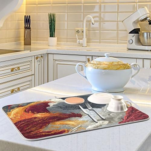 OTVEE Dragon Grandeur Two Realms Dish Drying Mat for Kitchen Counter