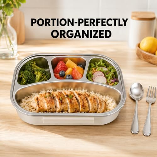 304 Stainless Steel Bento Box, 4 Compartments, Beige