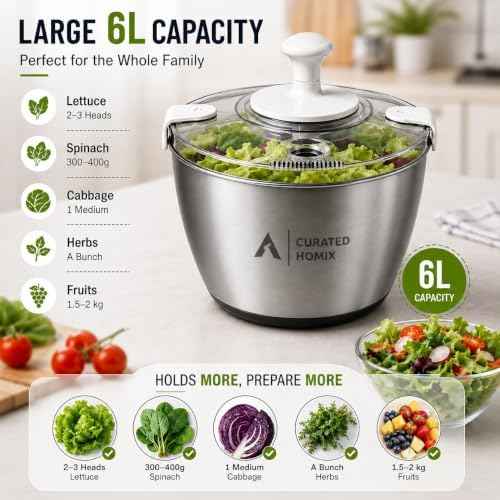 Stainless Steel Salad Spinner Large Capacity 6L – Hand Crank Vegetable