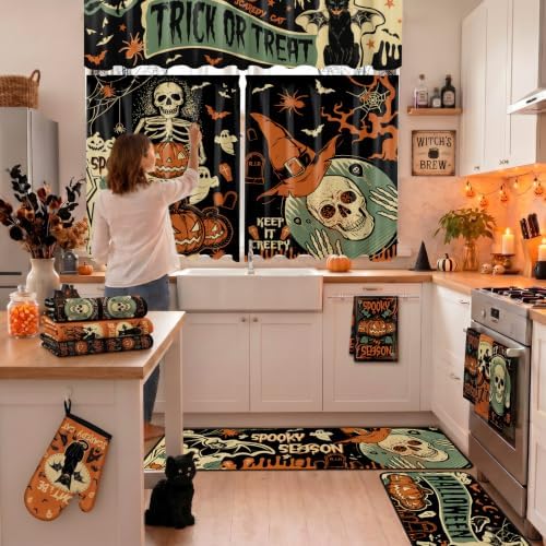 13 Pcs Vintage Gothic Halloween Kitchen Decor, Kitchen Rugs Curtains