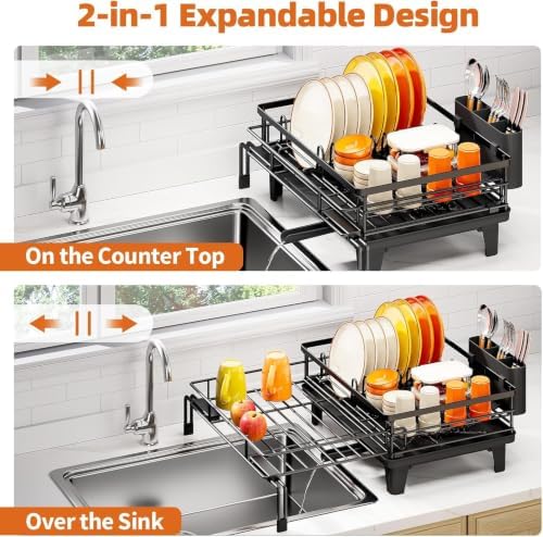 Urackify Expandable Sink Dish Drying Rack for Kitchen Counter, 1-Tier Black