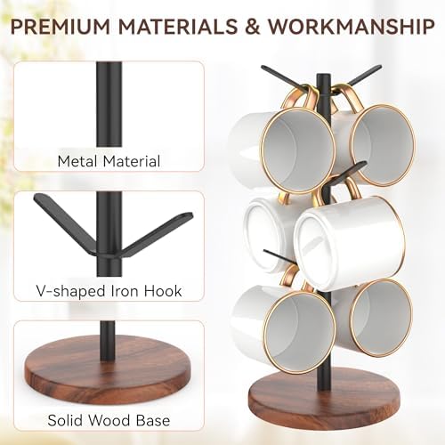 Coffee Mug Tree Holder Countertop, Non-Slip Walnut Wood Mug Rack with