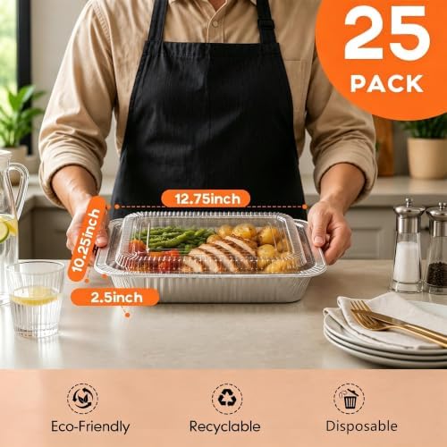 9x13 Inch Aluminum Pans with Clear Lids [25 Sets] Half Size Disposable