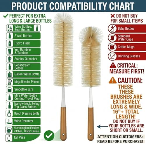 ALINK Extra Large Long Bottle Brush Set - 16" / 15" Long Bamboo Handle