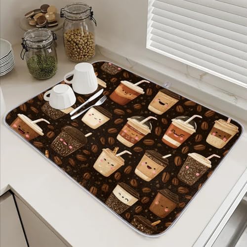 Dish Drying Mats for Kitchen Counter Coffee Beans Cups On Brown
