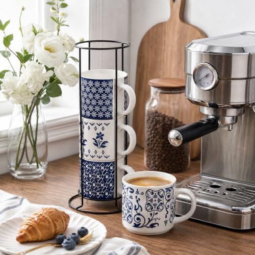 Eorbow 4 Pack Ceramic Coffee Mug Set with Rack, 16 OZ Stackable