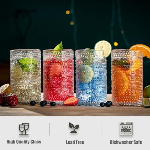 Drinking Glasses, 8 pcs Embossed Designed Glass Cups, 12oz Highball