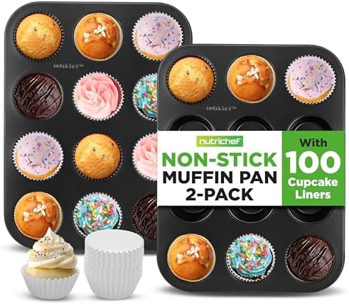 NutriChef Muffin Pans for Baking 2-Pack | Nonstick 12 Mold Cupcake