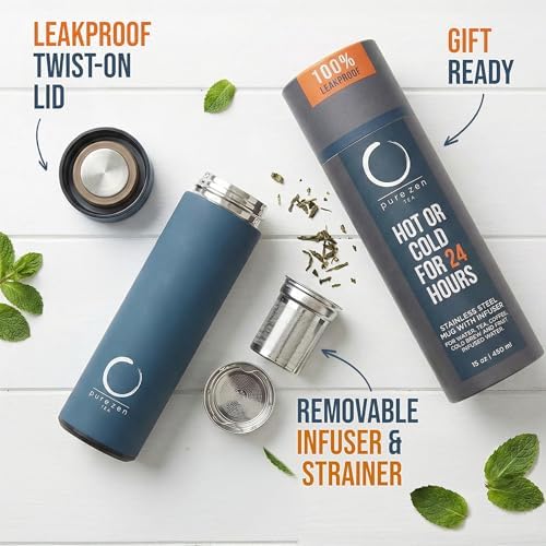 Pure Zen Tea Insulated Tea Infuser Bottle, 15 oz, Tea Thermos with