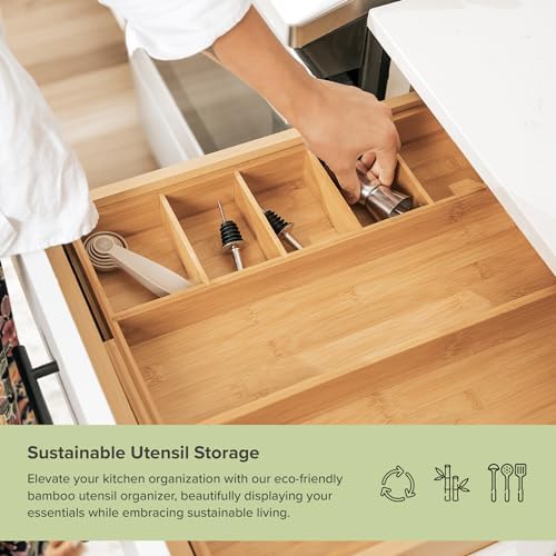 KitchenEdge Utensil & Junk Drawer Organizer | Natural Bamboo, 10.5-19