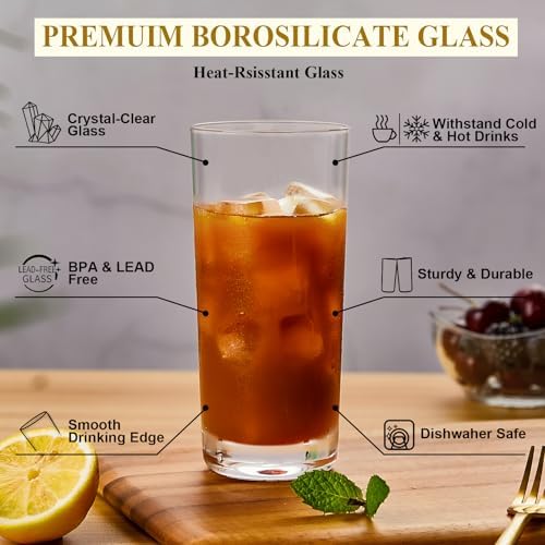 16 oz Borosilicate Glass Drinking Glasses Set of 6,Tall Drinking