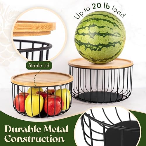 Fruit Basket for Kitchen Counter Set of 3 - Large Stackable Baskets with Bamboo Lid - Fruit Bowl, Perfect Holder For Fruits and Vegetable Storage -Keep Your Countertop Classy, Tidy and Slightly Fruity